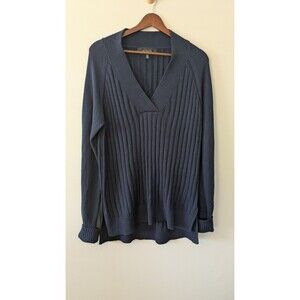 WHBM Tunic Sweater L Cashmere Blend Ribbed Knit VNeck Quiet Luxury Preppy Navy